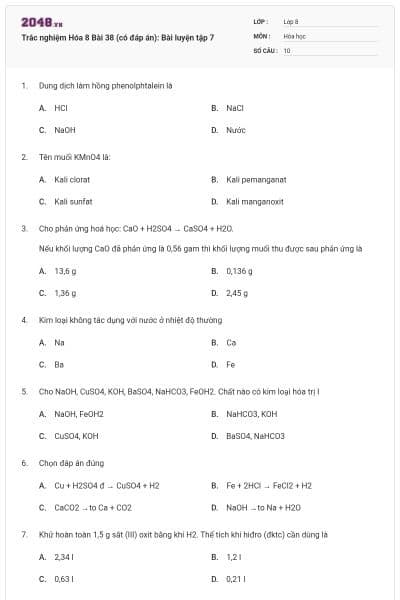 Trắc nghiệm Hóa 8 Bài 38 (có đáp án): Bài luyện tập 7