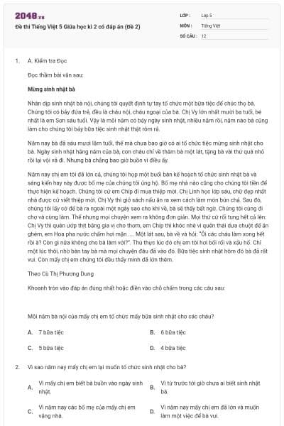 Đề thi Tiếng Việt 5 Giữa học kì 2 có đáp án (Đề 2)