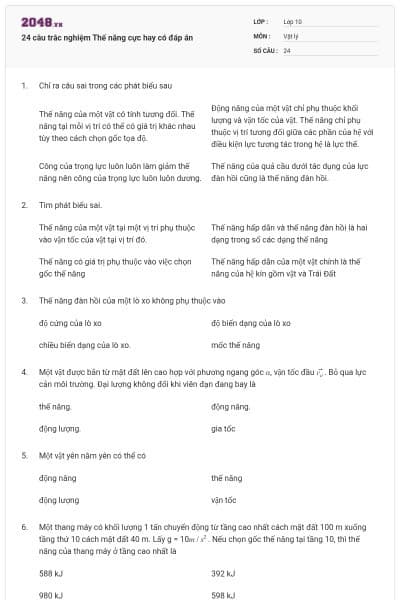 24 câu trắc nghiệm Thế năng cực hay có đáp án
