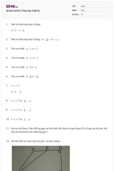 Đề thi Cuối kì 2 Toán lớp 4 (Đề 5)