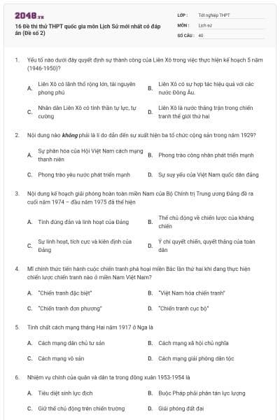 16 Đề thi thử THPT quốc gia môn Lịch Sử mới nhất có đáp án (Đề số 2)