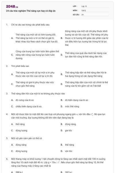 24 câu trắc nghiệm Thế năng cực hay có đáp án
