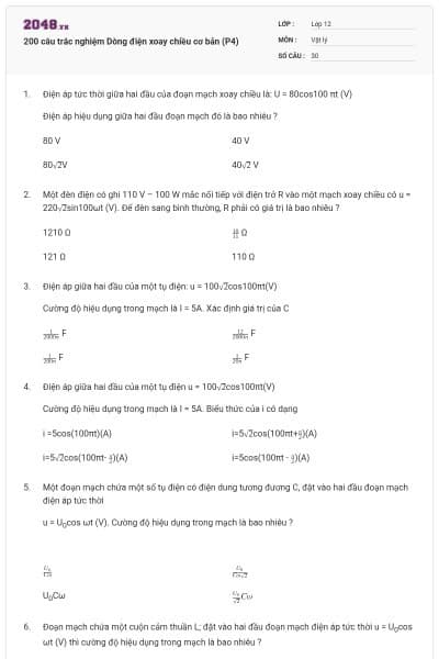 200 câu trắc nghiệm Dòng điện xoay chiều cơ bản (P4)