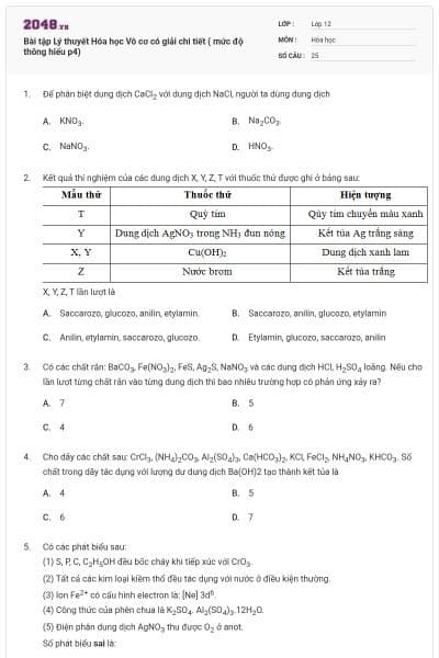 Bài tập Lý thuyết Hóa học Vô cơ có giải chi tiết ( mức độ thông hiểu p4)