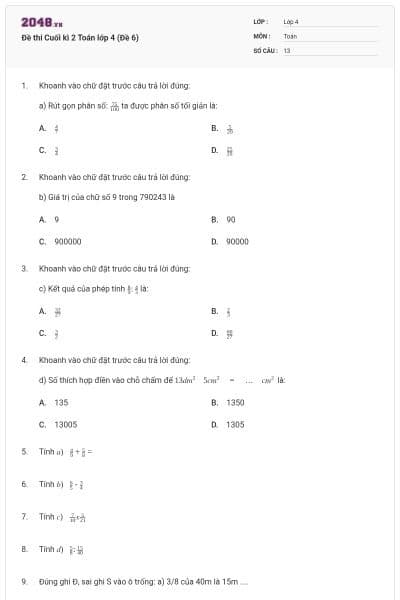 Đề thi Cuối kì 2 Toán lớp 4 (Đề 6)