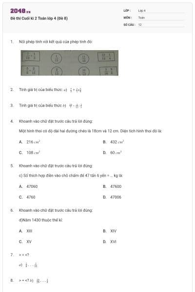 Đề thi Cuối kì 2 Toán lớp 4 (Đề 8)