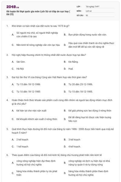 Đề luyện thi thpt quốc gia môn Lịch Sử có đáp án cực hay ( Đề 25)
