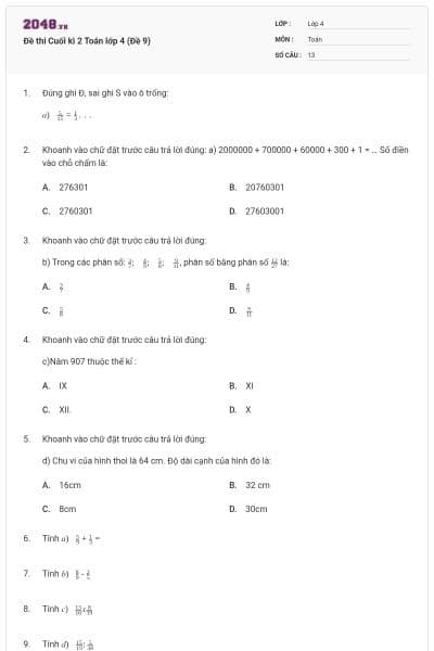 Đề thi Cuối kì 2 Toán lớp 4 (Đề 9)