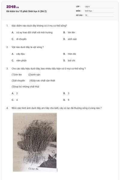 Đề kiểm tra 15 phút Sinh học 6 (Đề 2)