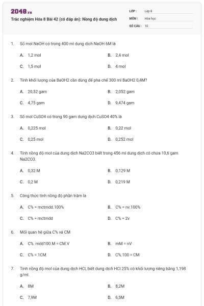 Trắc nghiệm Hóa 8 Bài 42 (có đáp án): Nồng độ dung dịch