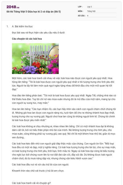 Đề thi Tiếng Việt 5 Giữa học kì 2 có đáp án (Đề 5)