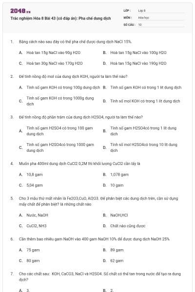 Trắc nghiệm Hóa 8 Bài 43 (có đáp án): Pha chế dung dịch