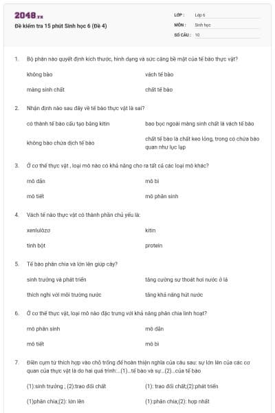 Đề kiểm tra 15 phút Sinh học 6 (Đề 4)