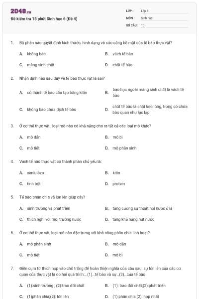 Đề kiểm tra 15 phút Sinh học 6 (Đề 4)