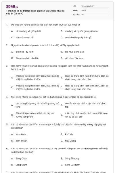 Tổng hợp 11 đề thi thpt quốc gia môn Địa Lý Hay nhất có đáp án (Đề số 4)