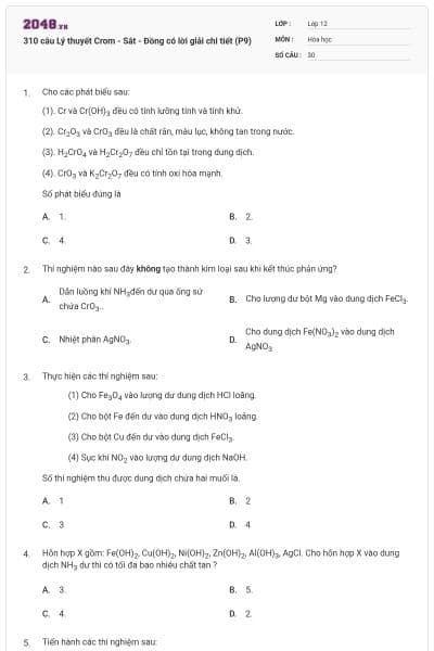 310 câu Lý thuyết Crom - Sắt - Đồng có lời giải chi tiết (P9)
