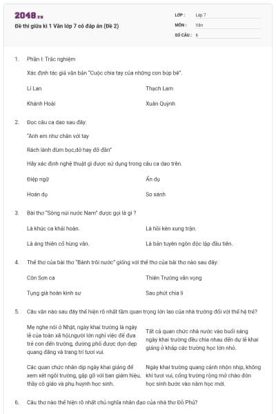 Đề thi giữa kì 1 Văn lớp 7 có đáp án (Đề 2)