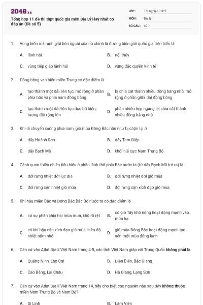 Tổng hợp 11 đề thi thpt quốc gia môn Địa Lý Hay nhất có đáp án (Đề số 5)
