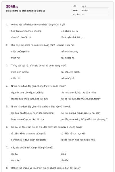 Đề kiểm tra 15 phút Sinh học 6 (Đề 5)