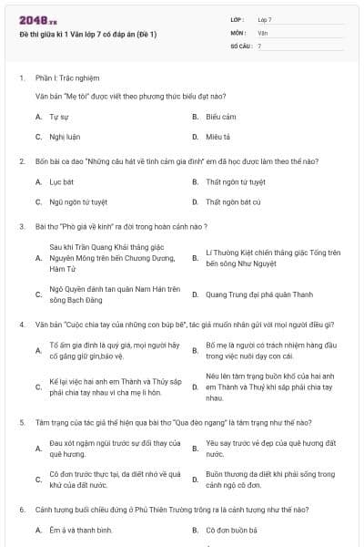 Đề thi giữa kì 1 Văn lớp 7 có đáp án (Đề 1)