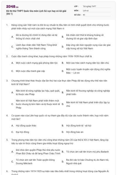 Đề thi thử THPT Quốc Gia môn Lịch Sử cực hay có lời giải (Đề 1)