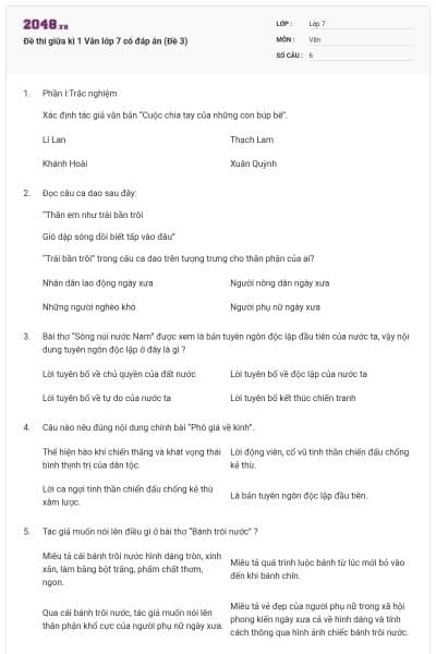 Đề thi giữa kì 1 Văn lớp 7 có đáp án (Đề 3)