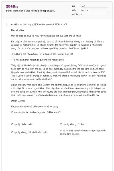 Đề thi Tiếng Việt 5 Giữa học kì 2 có đáp án (Đề 7)