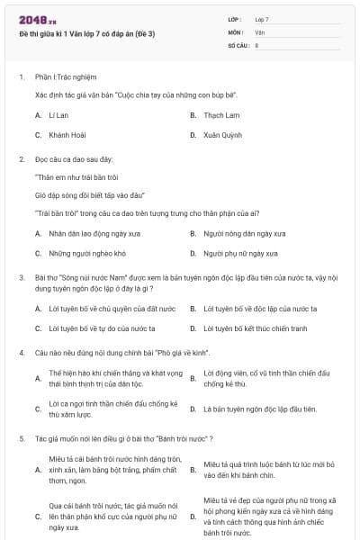 Đề thi giữa kì 1 Văn lớp 7 có đáp án (Đề 3)