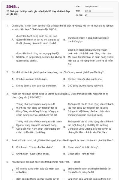 20 Đề luyện thi thpt quốc gia môn Lịch Sử Hay Nhất có đáp án (đề 20)