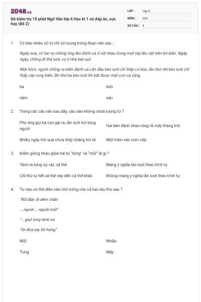 Đề kiểm tra 15 phút Ngữ Văn lớp 6 Học kì 1 có đáp án, cực hay (Đề 2)