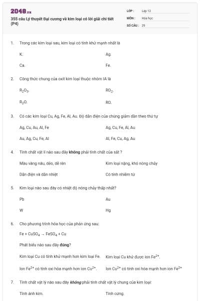 355 câu Lý thuyết Đại cương về kim loại có lời giải chi tiết (P4)