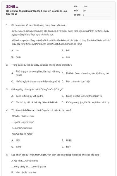 Đề kiểm tra 15 phút Ngữ Văn lớp 6 Học kì 1 có đáp án, cực hay (Đề 2)