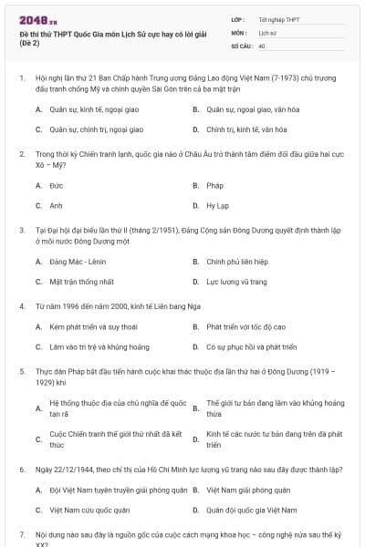 Đề thi thử THPT Quốc Gia môn Lịch Sử cực hay có lời giải (Đề 2)