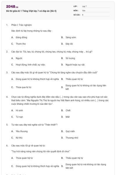 Đề thi giữa kì 1 Tiếng Việt lớp 7 có đáp án (Đề 4)