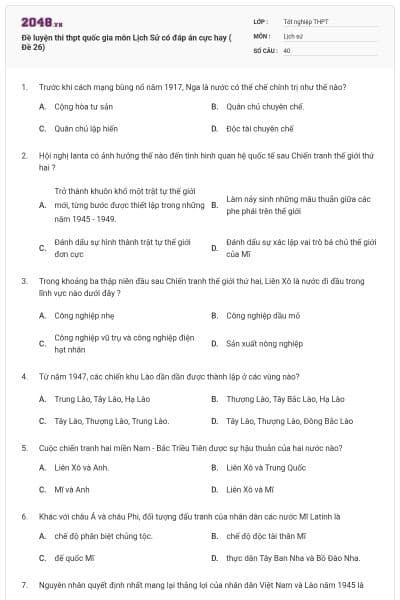 Đề luyện thi thpt quốc gia môn Lịch Sử có đáp án cực hay ( Đề 26)