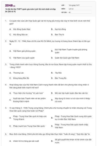 16 Đề thi thử THPT quốc gia môn Lịch Sử mới nhất có đáp án (Đề số 4)