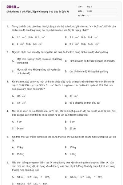 Đề kiểm tra 1 tiết Vật Lí lớp 6 Chương 1 có đáp án (Đề 3)