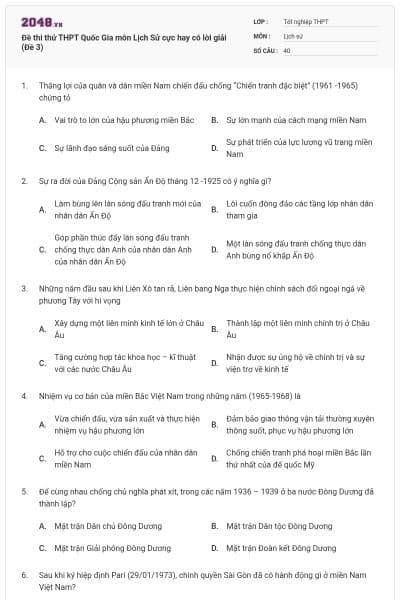 Đề thi thử THPT Quốc Gia môn Lịch Sử cực hay có lời giải (Đề 3)