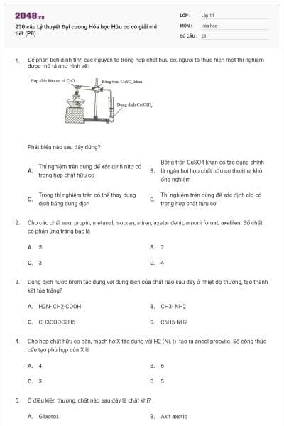 230 câu Lý thuyết Đại cương Hóa học Hữu cơ có giải chi tiết (P8)