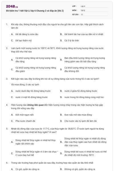 Đề kiểm tra 1 tiết Vật Lí lớp 6 Chương 2 có đáp án (Đề 2)