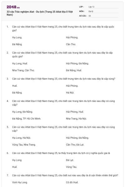 33 câu Trắc nghiệm Alat - Du lịch (Trang 25 Atlat Địa lí Việt Nam)