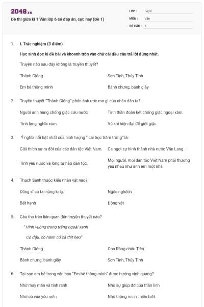 Đề thi giữa kì 1 Văn lớp 6 có đáp án, cực hay (Đề 1)