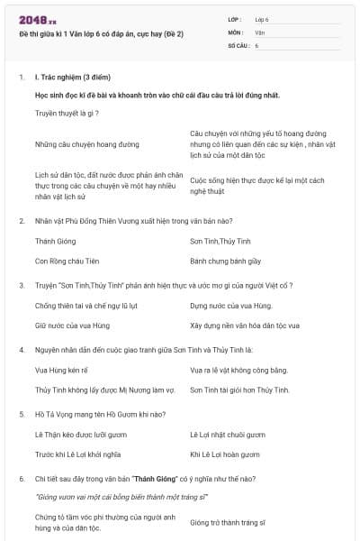 Đề thi giữa kì 1 Văn lớp 6 có đáp án, cực hay (Đề 2)