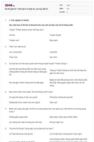 Đề thi giữa kì 1 Văn lớp 6 có đáp án, cực hay (Đề 3)