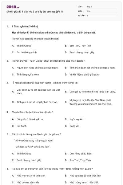 Đề thi giữa kì 1 Văn lớp 6 có đáp án, cực hay (Đề 1)