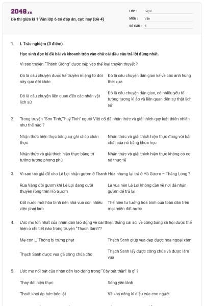 Đề thi giữa kì 1 Văn lớp 6 có đáp án, cực hay (Đề 4)