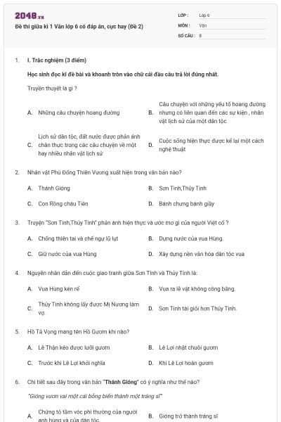 Đề thi giữa kì 1 Văn lớp 6 có đáp án, cực hay (Đề 2)