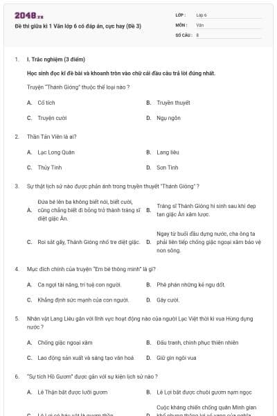 Đề thi giữa kì 1 Văn lớp 6 có đáp án, cực hay (Đề 3)