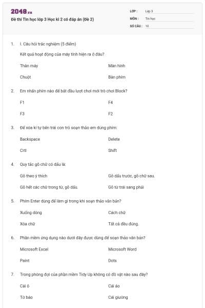 Đề thi Tin học lớp 3 Học kì 2 có đáp án (Đề 2)