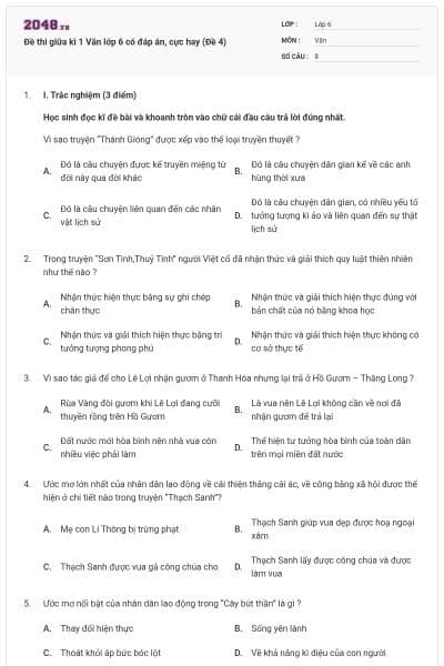 Đề thi giữa kì 1 Văn lớp 6 có đáp án, cực hay (Đề 4)